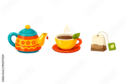 Bright tea pot, steaming cup of tea, and tea bag sit on a table in a cozy setting with warm colors and inviting design
