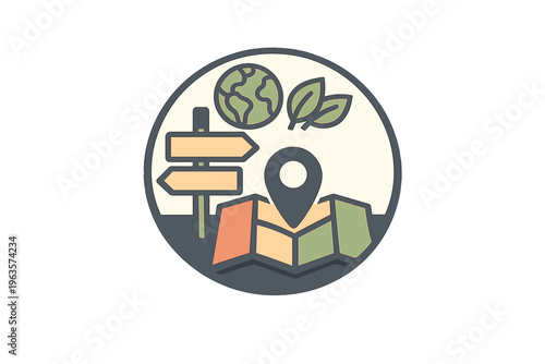 Map graphic showing location with signs, a globe, and leaves in a circular design that represents nature and tourism