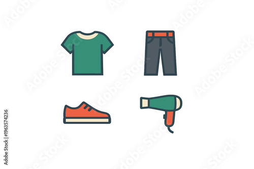 Clothing and hairdryer laid out on a flat surface for display or selection in a home environment