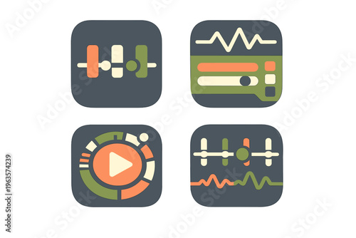 Four icons show sound editing tools with equalizers, waveforms, and play buttons for audio production and editing software