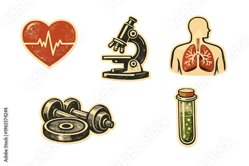 Health symbols represent fitness and science concepts related to medical fields and physical training