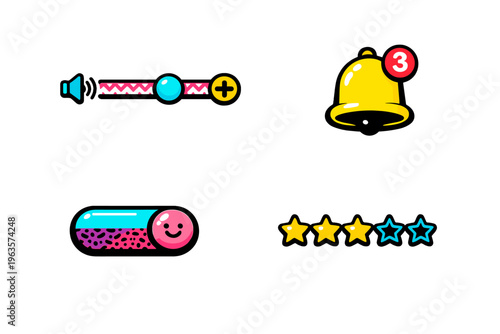 Icons for sound control, notifications, and ratings displayed on a simple background