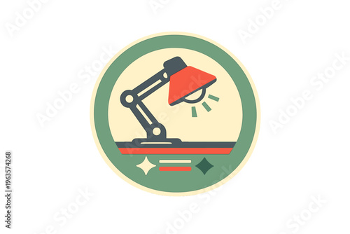 Light shines from a desk lamp with a red shade and green base in a simple design that focuses on functionality and form