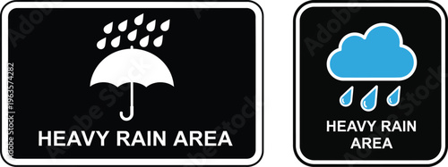 Heavy rain area warning signs with umbrella and cloud icons