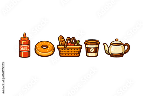 Food items on a white background with sauce, a donut, a basket with snacks, a coffee cup, and a teapot displayed