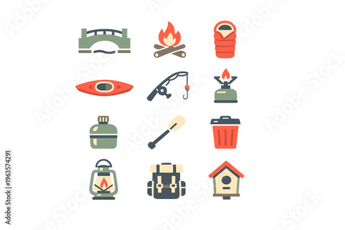 Outdoor activities and gear for camping, kayaking, and fishing by a lake or riverside