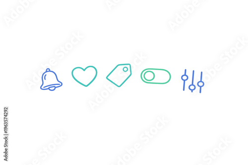 Icons representing different functions like notifications, favorites, tags, toggles, and settings grouped together on a simple background