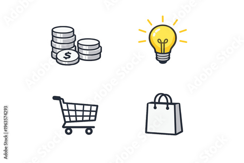 Understanding basic concepts of money management, shopping, and budgeting with common symbols and icons