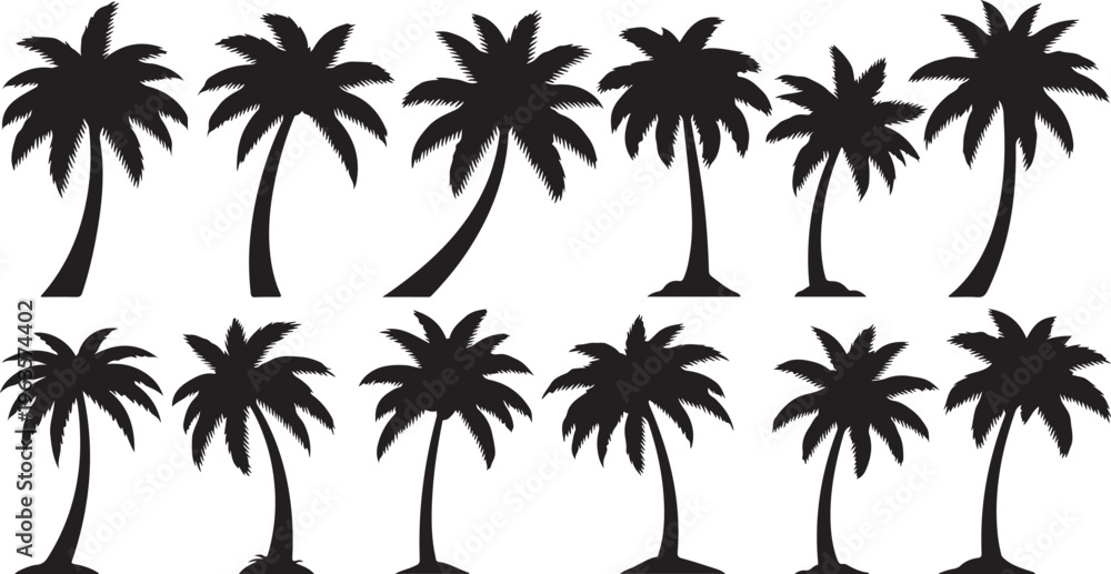 Fototapeta premium Collection of Various Palm Tree Silhouettes on White Background