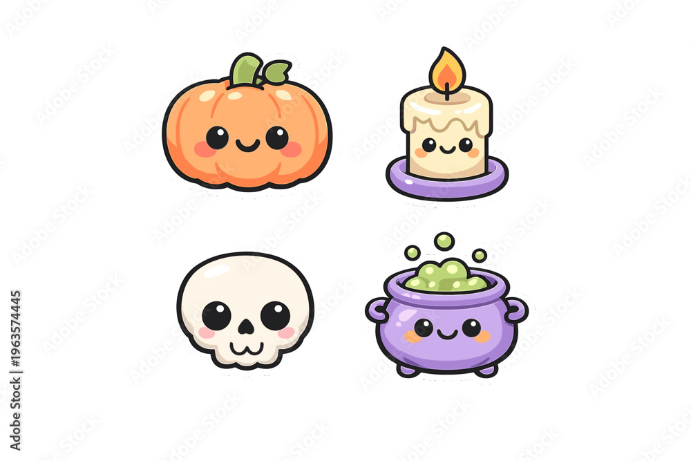 Obraz premium Cute stickers of a pumpkin, candle, skull, and cauldron in cartoon style for Halloween celebration or decoration activity