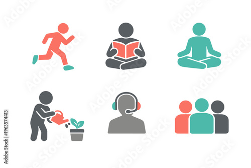 Activities of people engaging in various hobbies such as running, reading, meditating, gardening, listening, and socializing