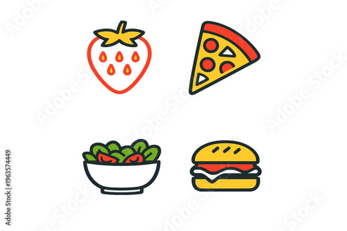 Different types of food including fruits and dishes served on a white background