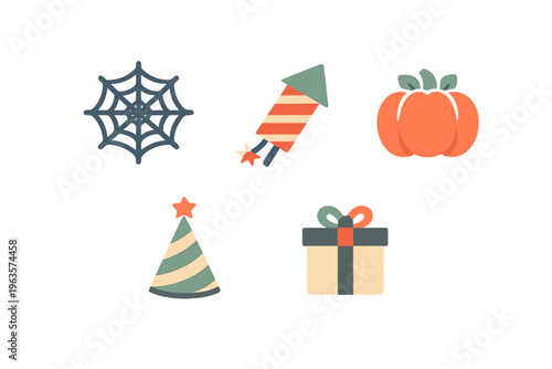 Colorful icons representing festive events like Halloween, New Year, and birthday celebrations
