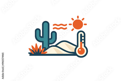 Sunny desert landscape with a thermometer showing high temperature and cacti in the foreground during midday