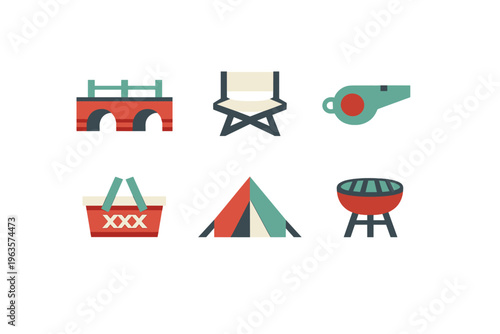 Colorful symbols of outdoor activities and gatherings by a bridge during summer days