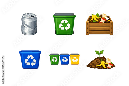 Different types of recycling bins and composting materials are shown in a simple layout for waste management