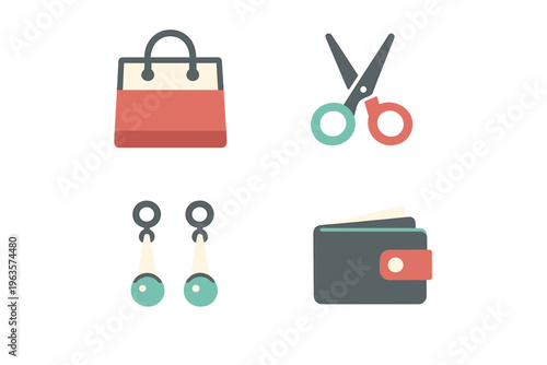 Shopping bag, scissors, jewelry, and wallet shown on a plain background