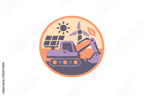 Construction equipment works with solar panels and wind turbines in an environmental setting during daylight hours