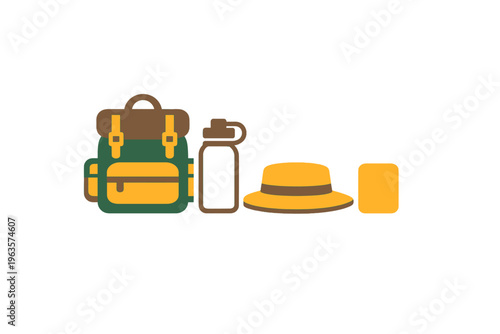 Essentials for a day of outdoor adventure and exploration in nature with backpack, water bottle, hat, and snacks