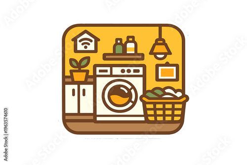 Washing clothes in a laundry room with a basket on the floor and cleaning supplies on the shelves