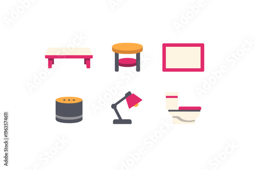 Different kinds of furniture and home items are shown in a simple flat design style on a white background