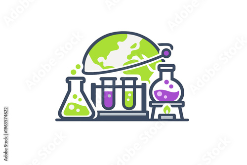 Science experiment with glassware on a table featuring colorful liquids and a globe in the background