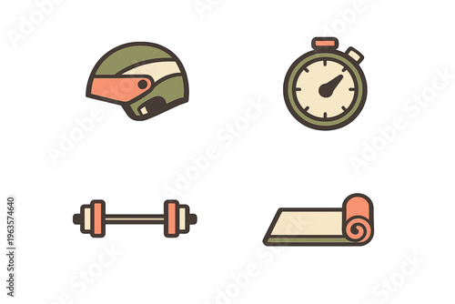 Fitness and sports icons representing various activities and equipment in a simple design