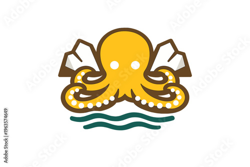 Colorful octopus logo design with waves beneath it, suitable for various nautical themes and marine activities, representing ocean life and creativity