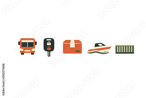 Different transport modes for delivery and shipping in a simple graphic design with clear shapes and icons