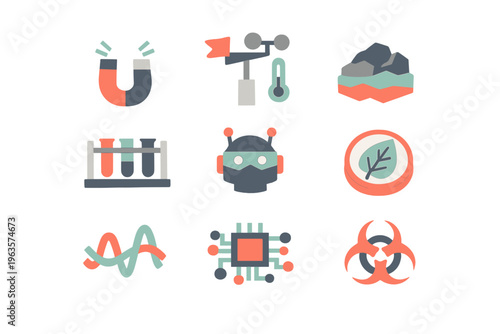 Collection of science and technology icons showing various concepts related to research and experiments
