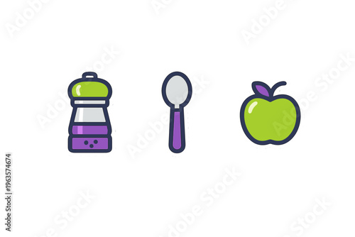 Kitchen items used for cooking or serving food prepare for a meal with pepper mill, spoon, and green apple