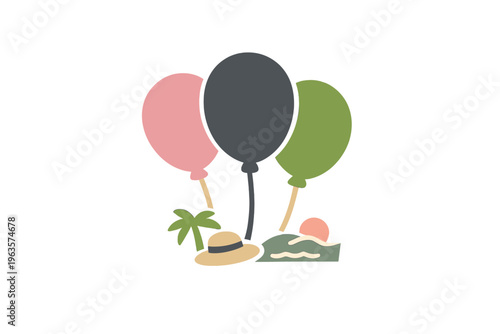 Balloons with a hat, palm tree, and the sun by the water at a summer gathering