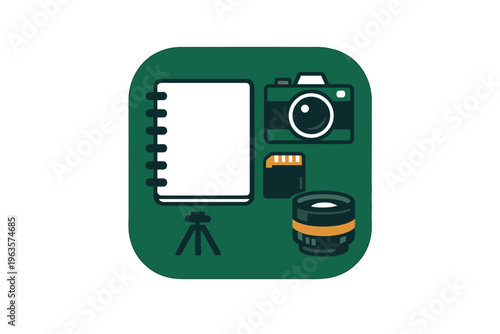 Tools for photography and note-taking on a green background showing a camera, lens, notebook, and memory card