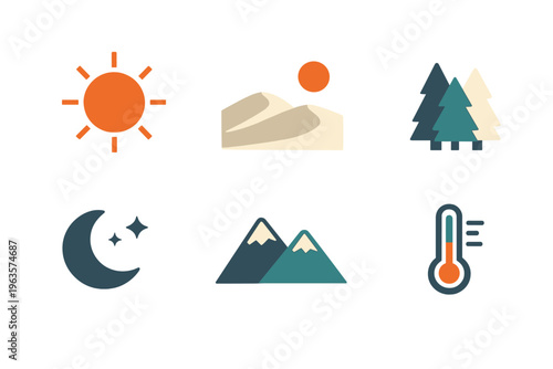 Weather symbols show sun, moon, mountains, trees, and thermometer to explain different climate conditions in a simple way