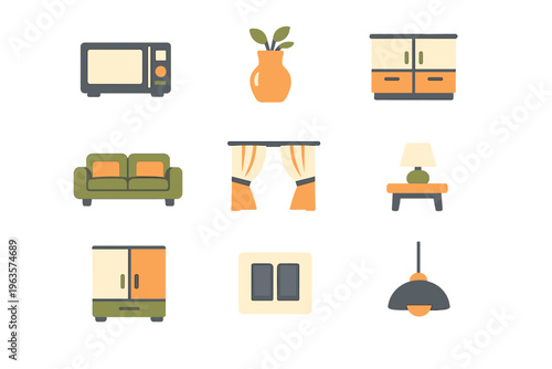Various home items including furniture and appliances arranged in a grid style on a white background