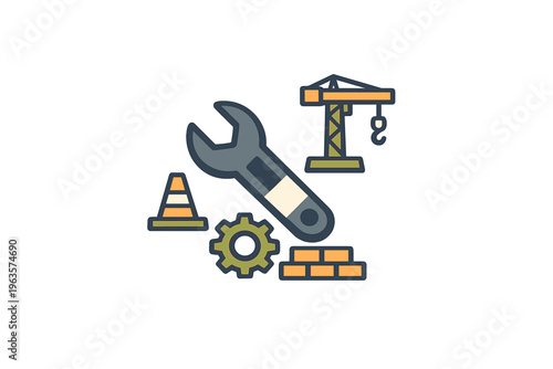 Tools and construction elements shown in an illustration of a building site with crane and gear