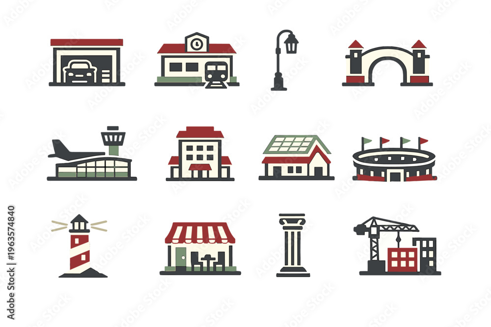 Fototapeta premium Different buildings and structures displayed in a flat design with clear shapes and colors
