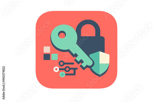 Digital security icon shows a key, lock, shield, and circuit design on a bright background for online safety