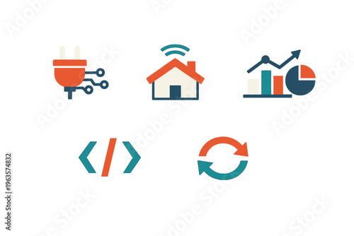 Various icons representing technology concepts such as energy, home automation, data analysis, coding, and system updates for digital use