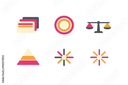 Colorful symbols showing finance, law, and design concepts for modern use in digital media
