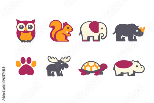 Colorful animal icons show different species including owl, squirrel, elephant, rhino, moose, turtle, and hippo in a simple design