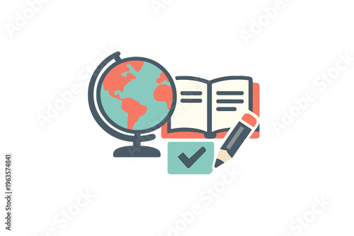 Learning about the world with a globe, an open book, and a pencil on a table during study time