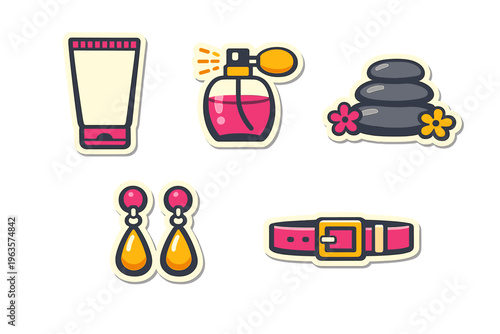 Beauty and fashion items displayed on a white background with various accessories and products for personal care