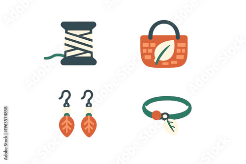 Craft supplies and handmade items are displayed in a simple layout featuring various objects like a spool of thread and jewelry