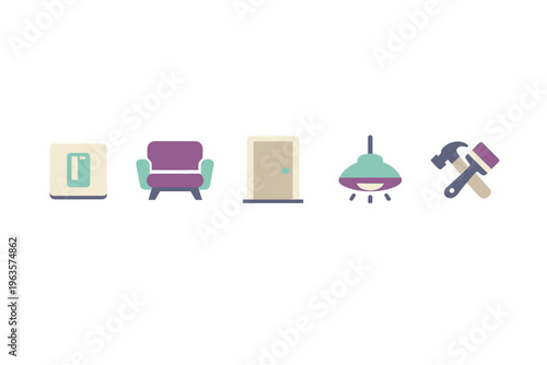 Icons showing home items and tools for interior design and home improvement projects in a simple style