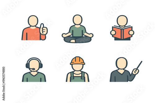 People performing different activities in various roles at different times of the day in a simple design