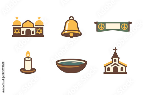Different symbols of faith shown in simple designs featuring buildings, candles, and peace signs during a gathering for community sharing