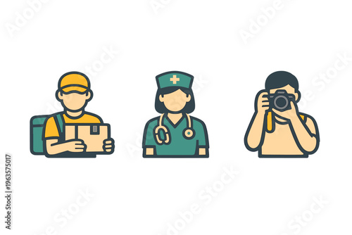 Three people representing different professions showing delivery, healthcare, and photography in a simple design