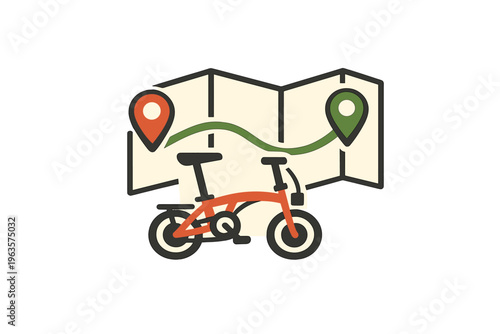 Bike path map shows two locations with a bike in front, illustrating a cycling route for outdoor activity