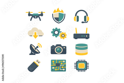 Icons representing technology and gadgets in a grid layout showing various devices and tools used in modern communication
